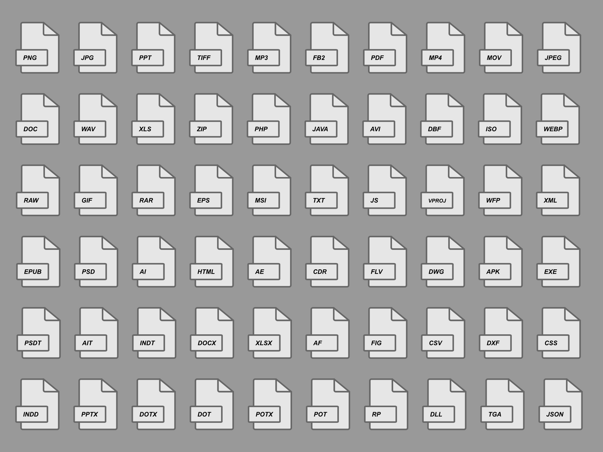 Collection of various file type icons on gray background