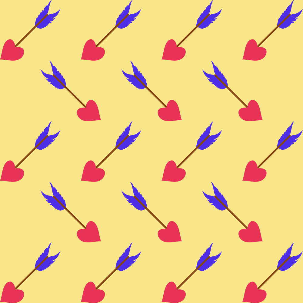 Repeating pattern of purple arrows through pink hearts.