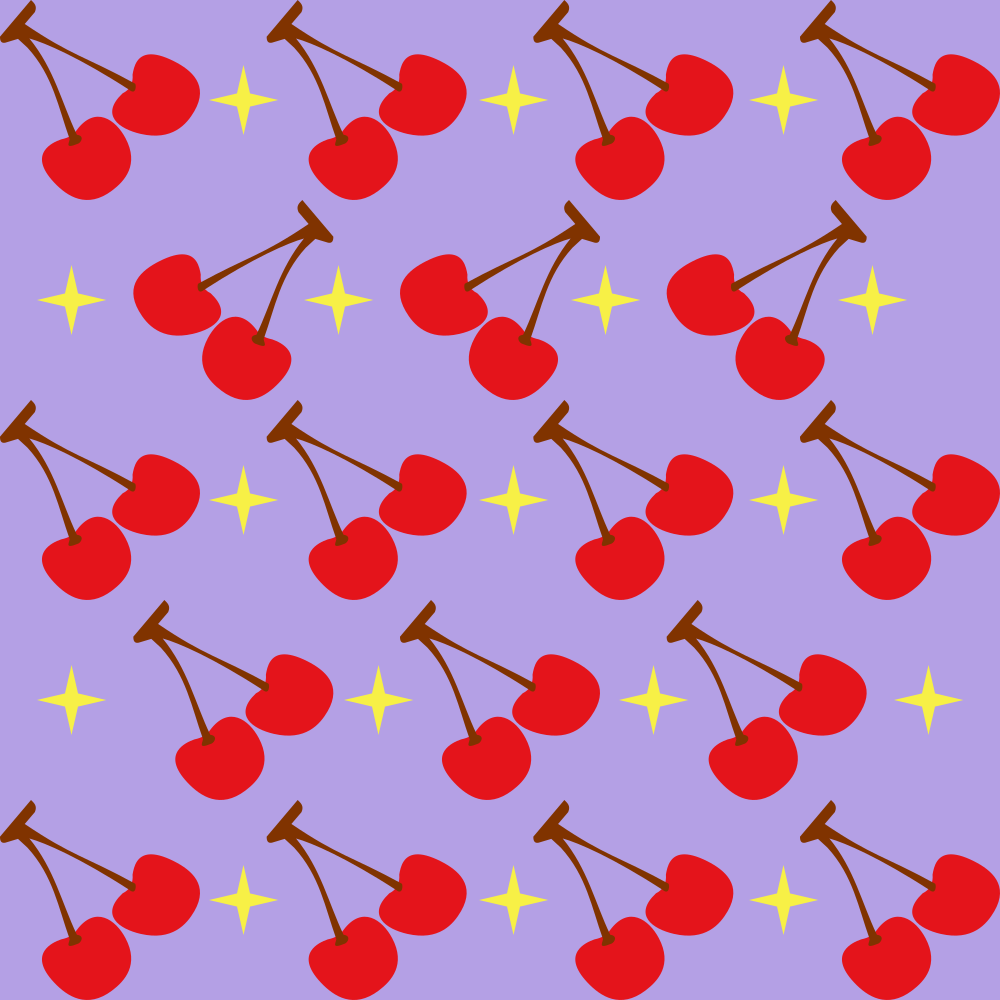 Red cherries and yellow stars pattern on purple background