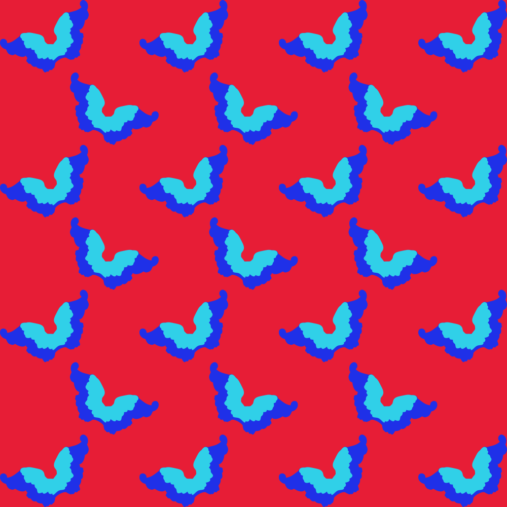 Um padrão repetitivo de borboletas azuis sobre um fundo vermelho