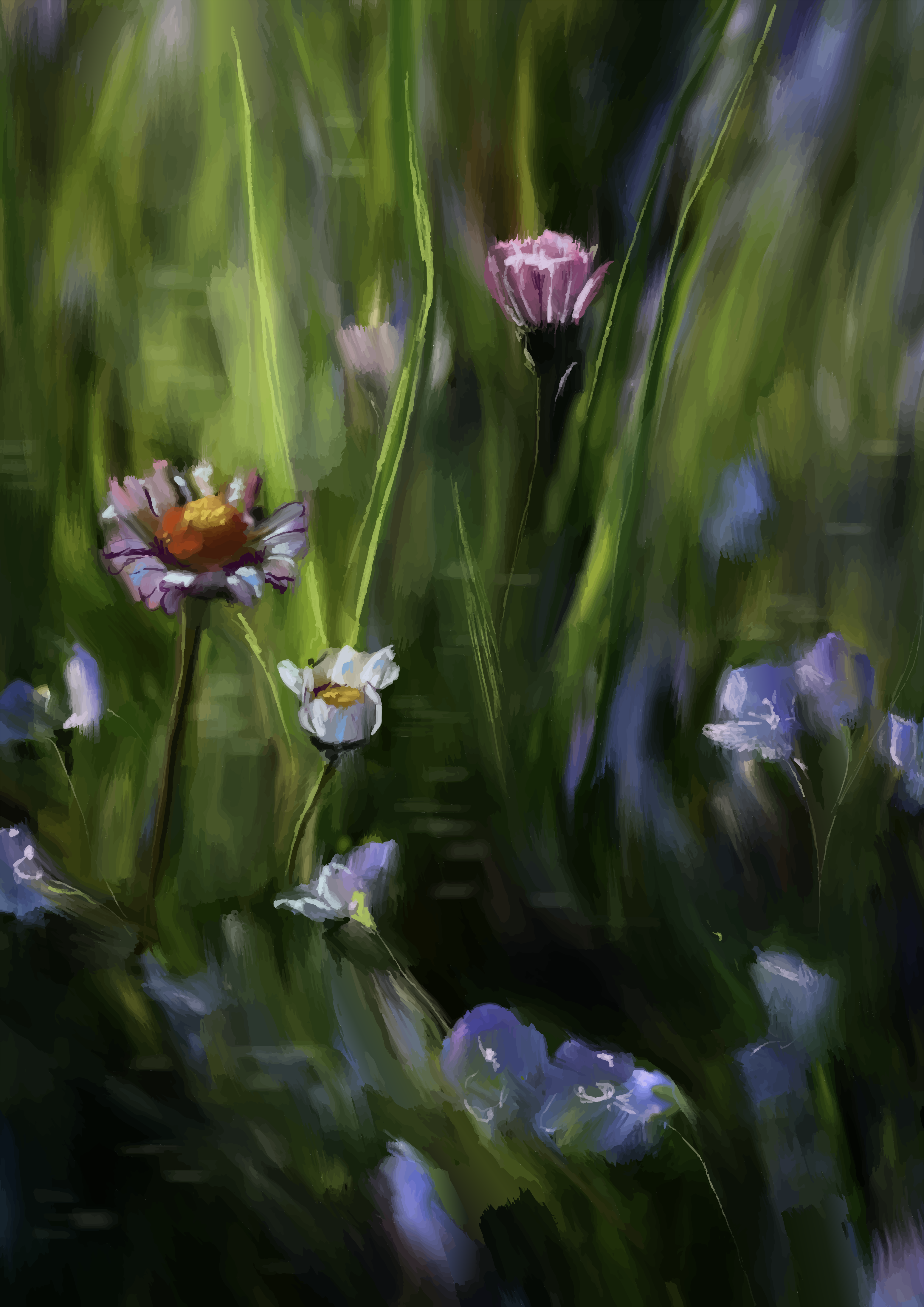 Prairie à flèche douce avec des marguerites et des fleurs sauvages bleues.