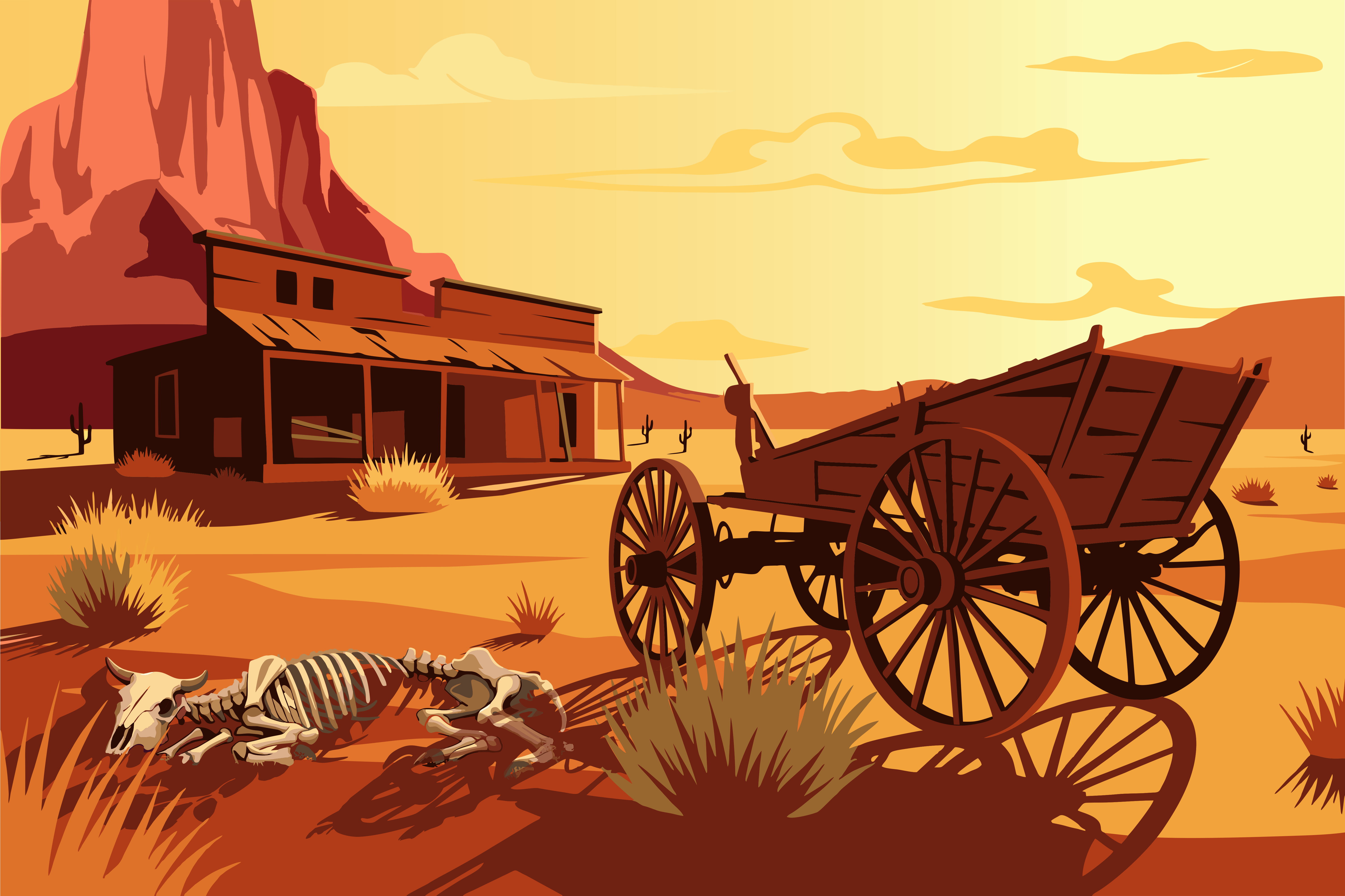 Pueblo del oeste antiguo con carros abandonados y esqueleto de animal.