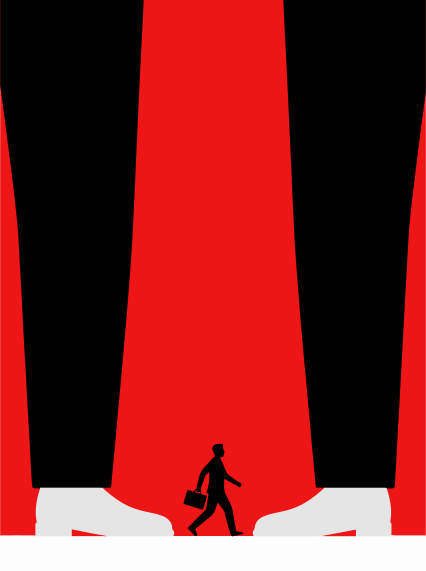 Small businessman walks between giant legs