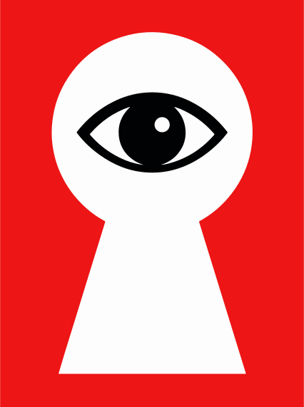 An eye peers through a white keyhole on red background.