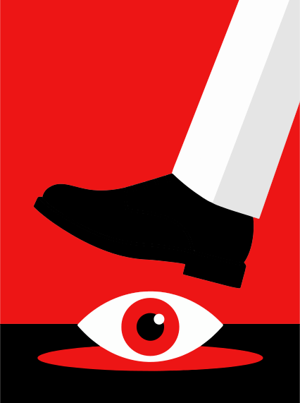 Une chaussure noire marchant sur un œil rouge et blanc.