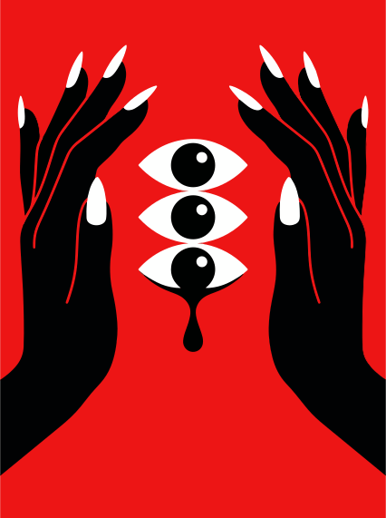 Black hands frame three eyes with dripping liquid.