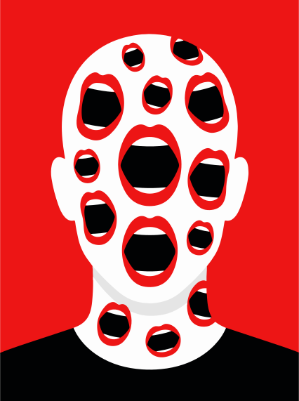 La tête couverte de bouches ouvertes sur fond rouge