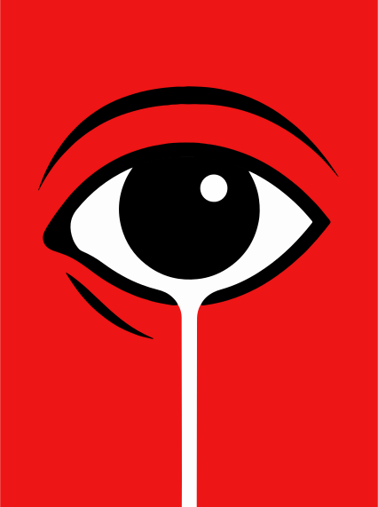 A stylized eye crying a white tear on red background