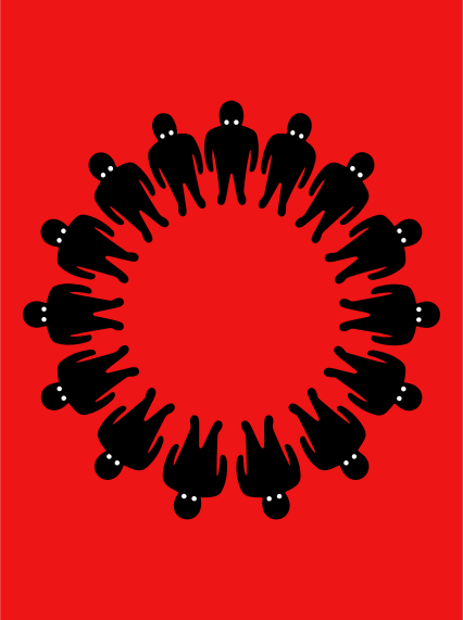 Silhouetted figures in a circle on red background.