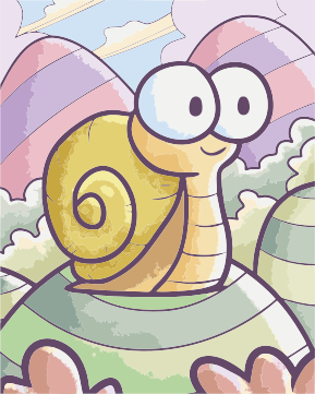 A cartoon snail with big eyes sits on a hill.