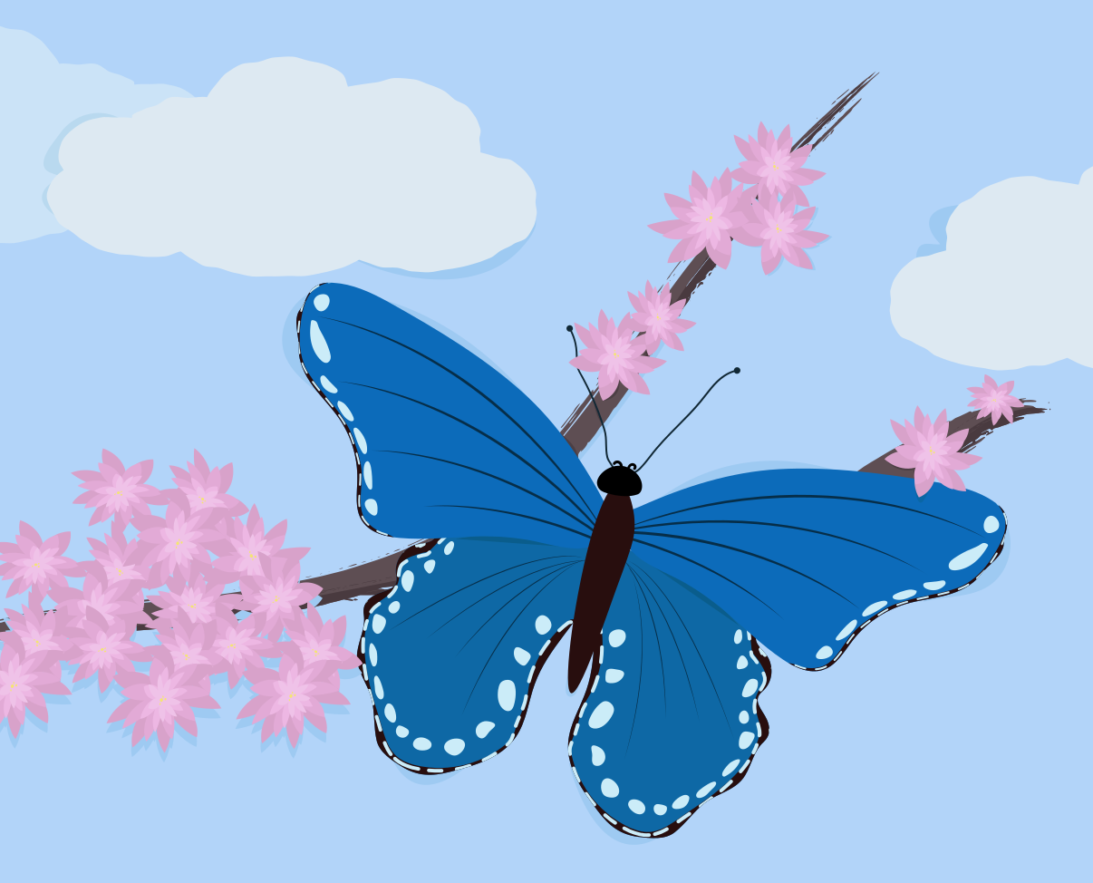 파란 나비가 벚꽃 가지 위에 쉬고 있습니다.