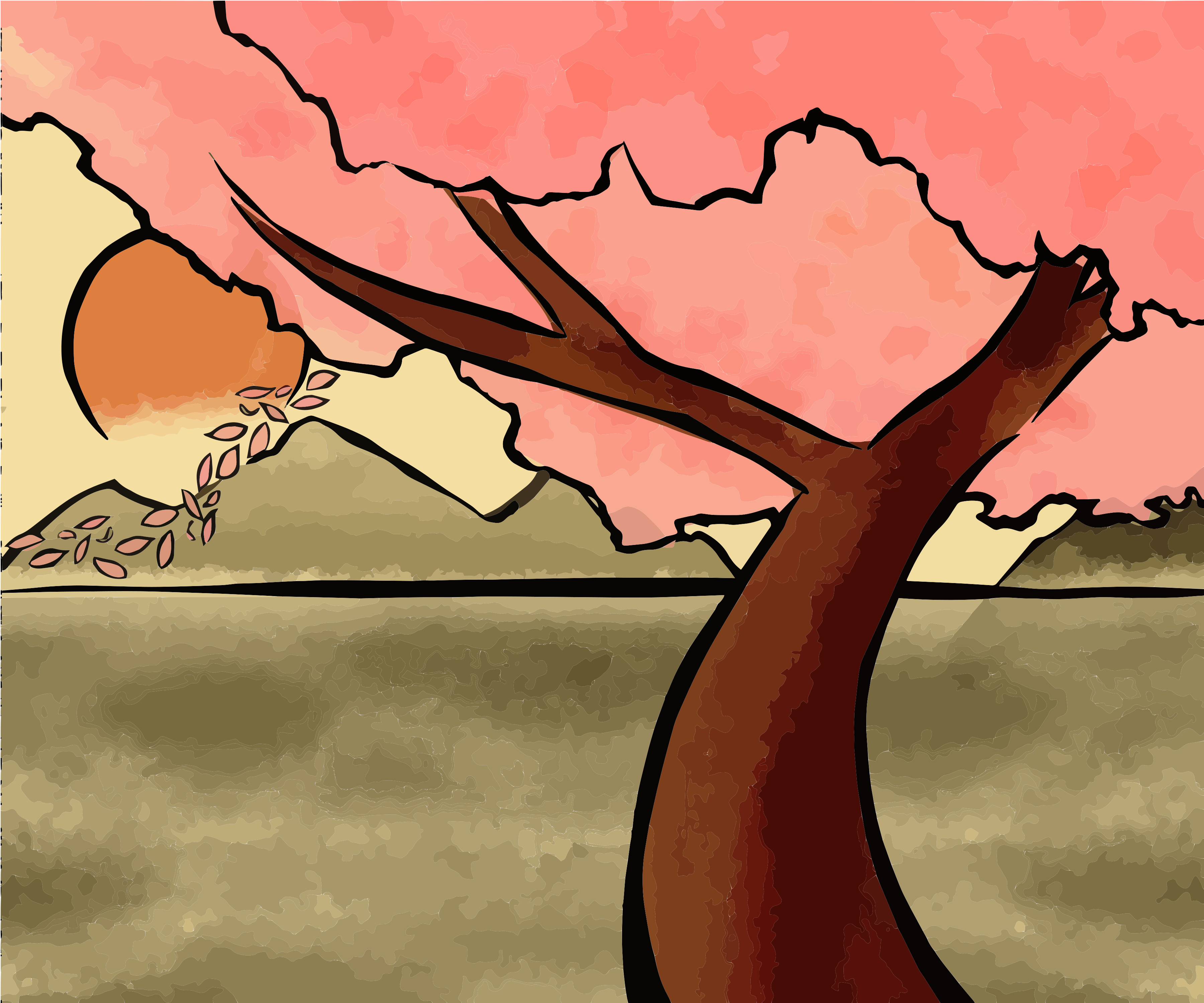 A stylized tree with pink blossoms against a sunset.