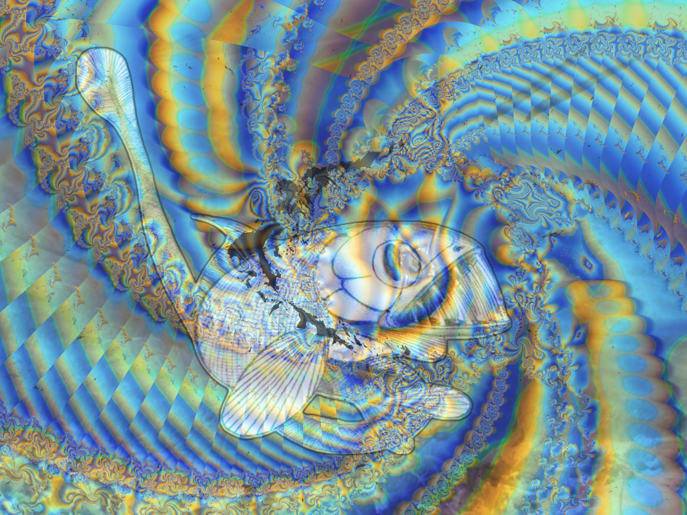Patrón abstracto y arremolinado de arcoíris con un leve rostro humano.