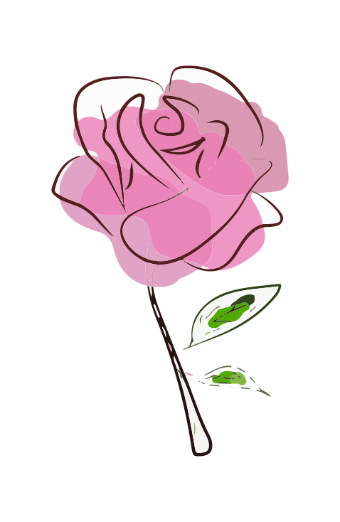 흰색 바탕에 초록 잎이 있는 양식화된 분홍색 장미.