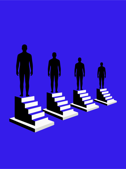Silhouettes of people standing on progressively smaller stairs.