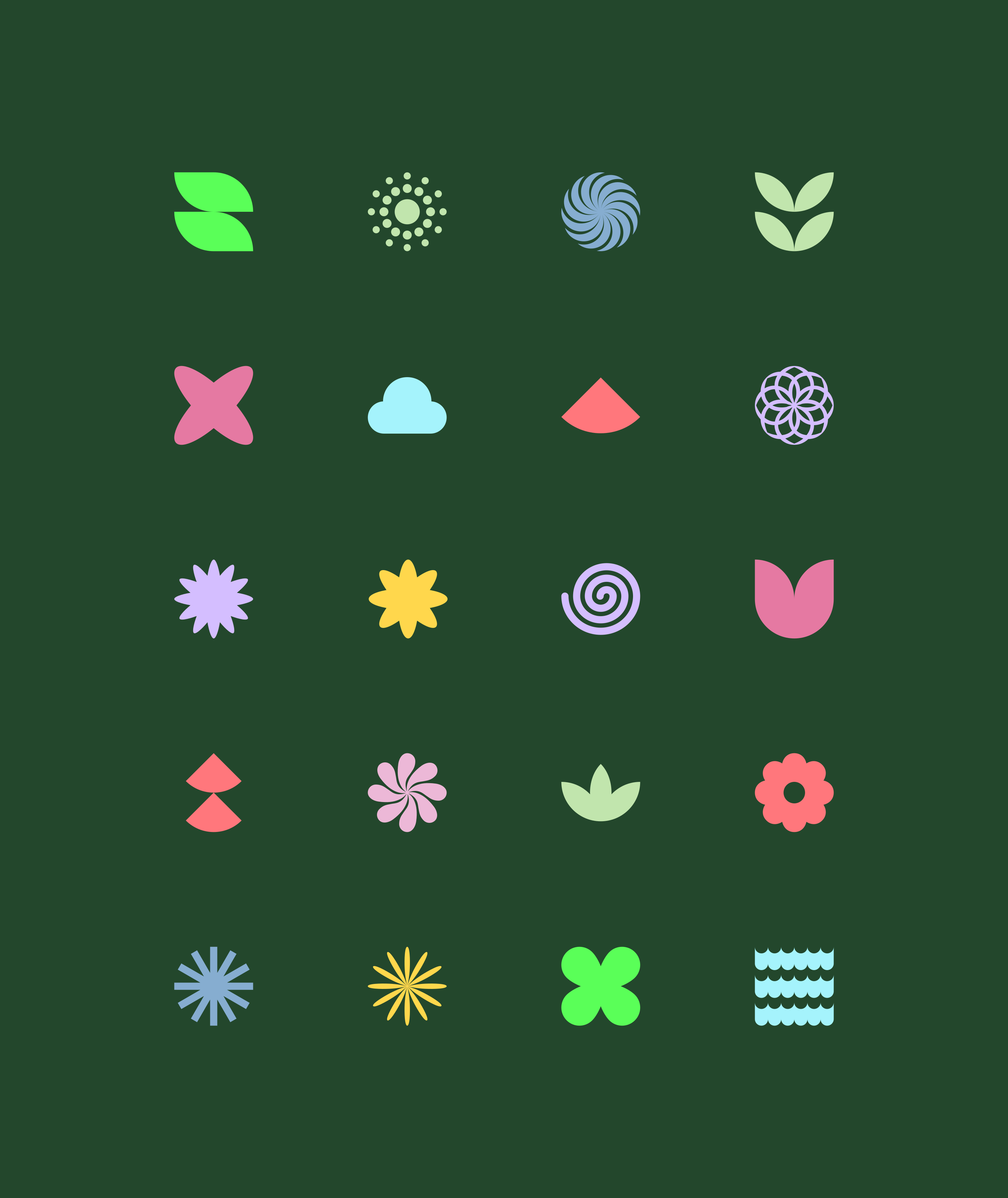 Collection of colorful abstract geometric shapes and icons.