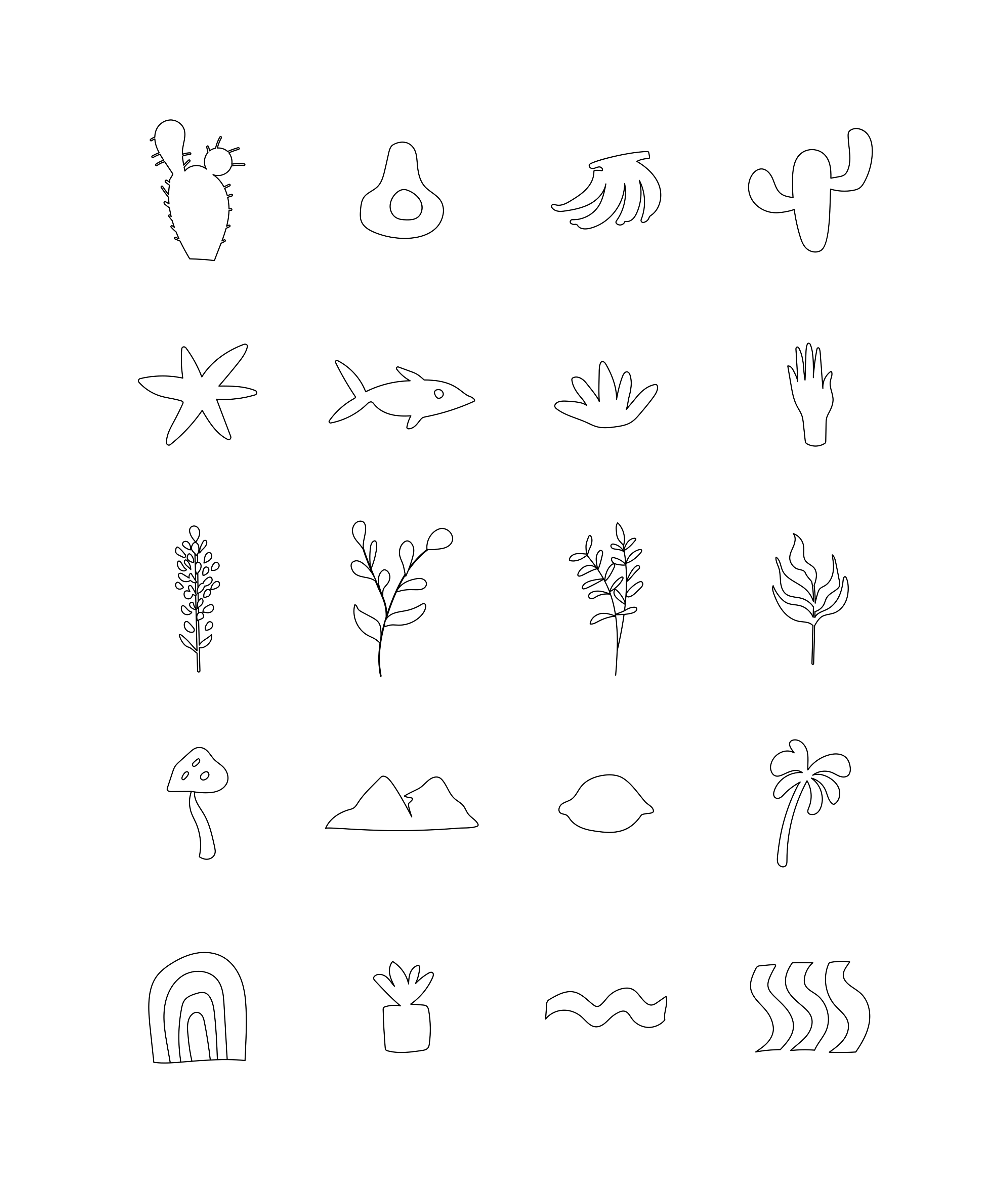 Collection of simple line drawings of various objects