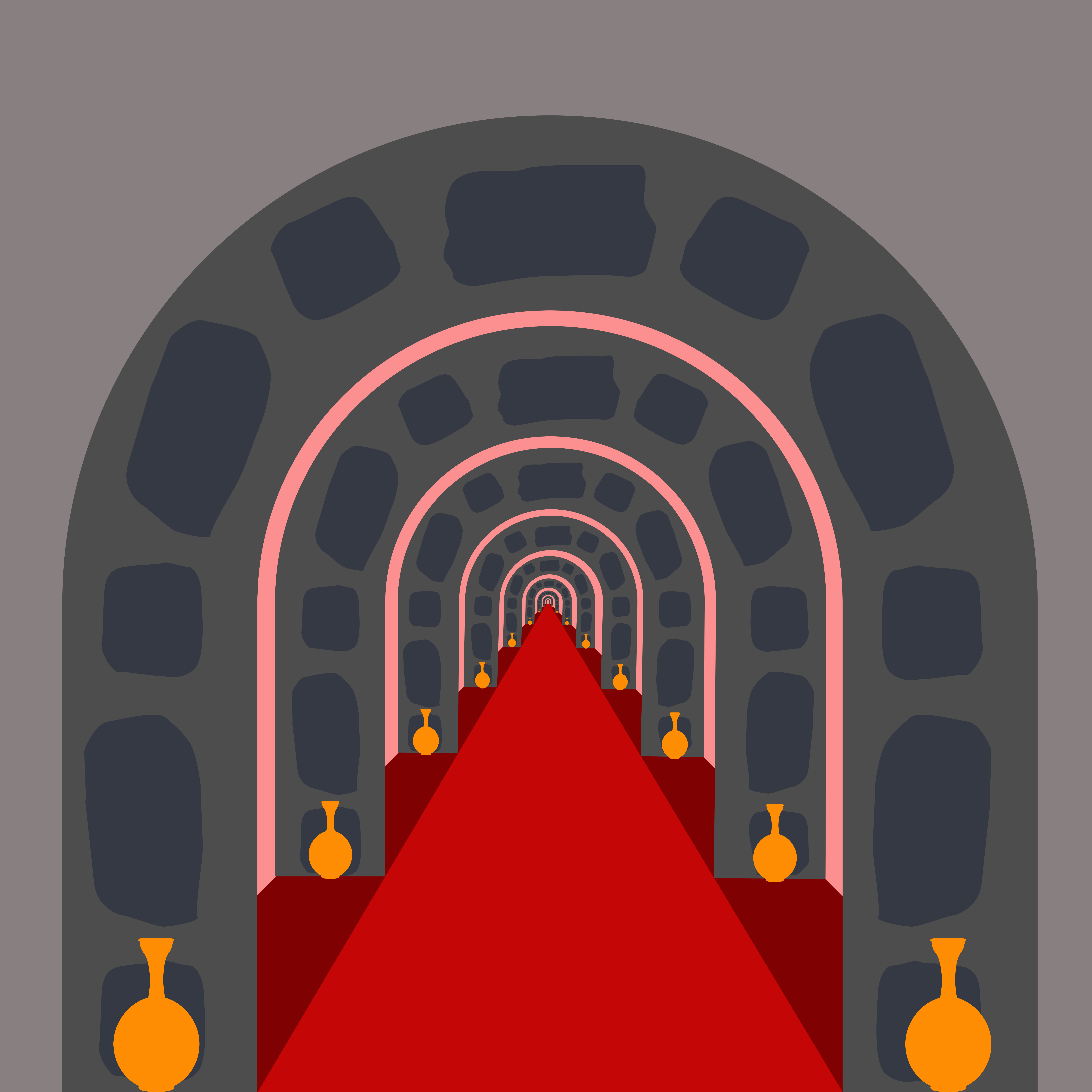 Endless arched hallway with red carpet and vases.