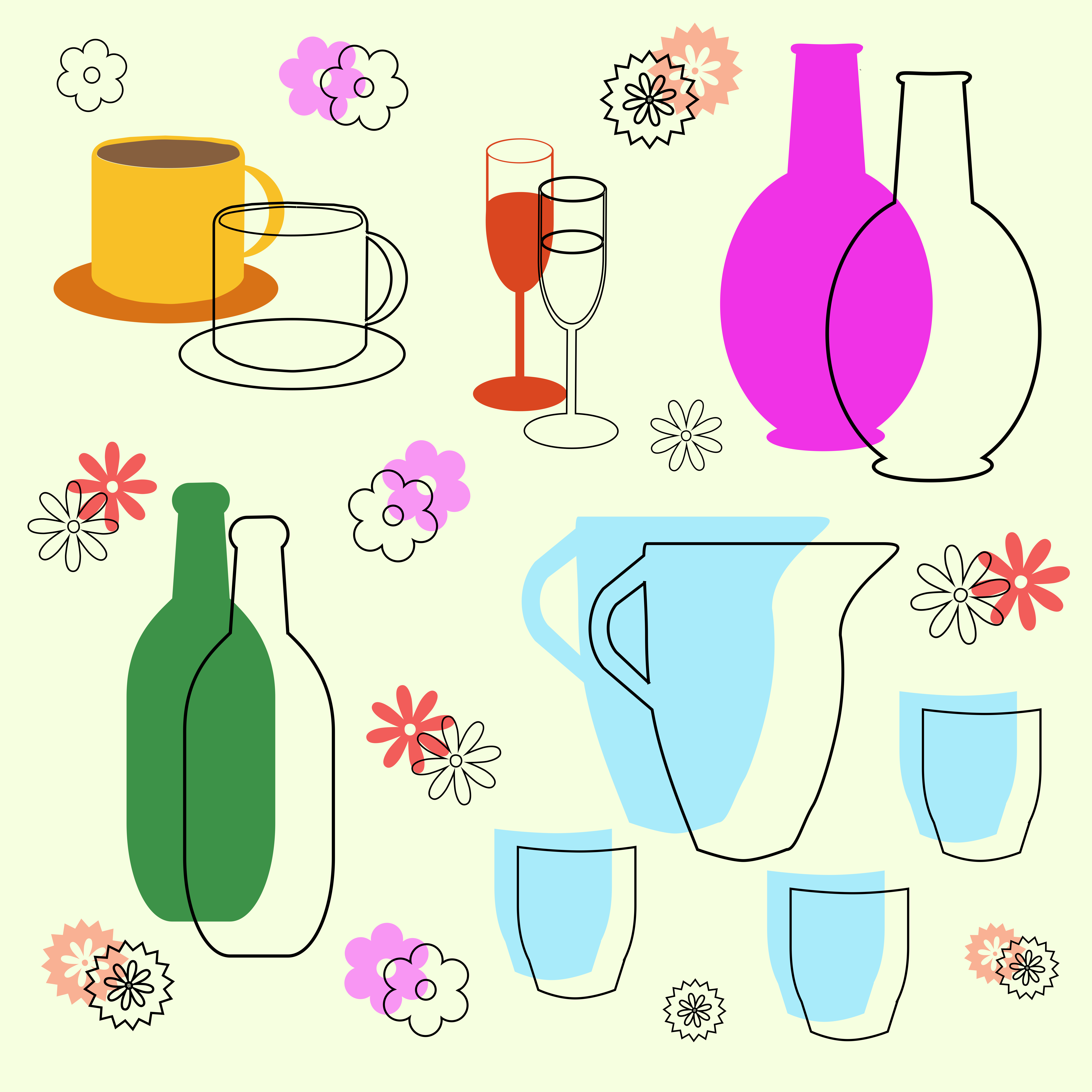 Collection of stylized bottles, cups, and glasses with flowers.