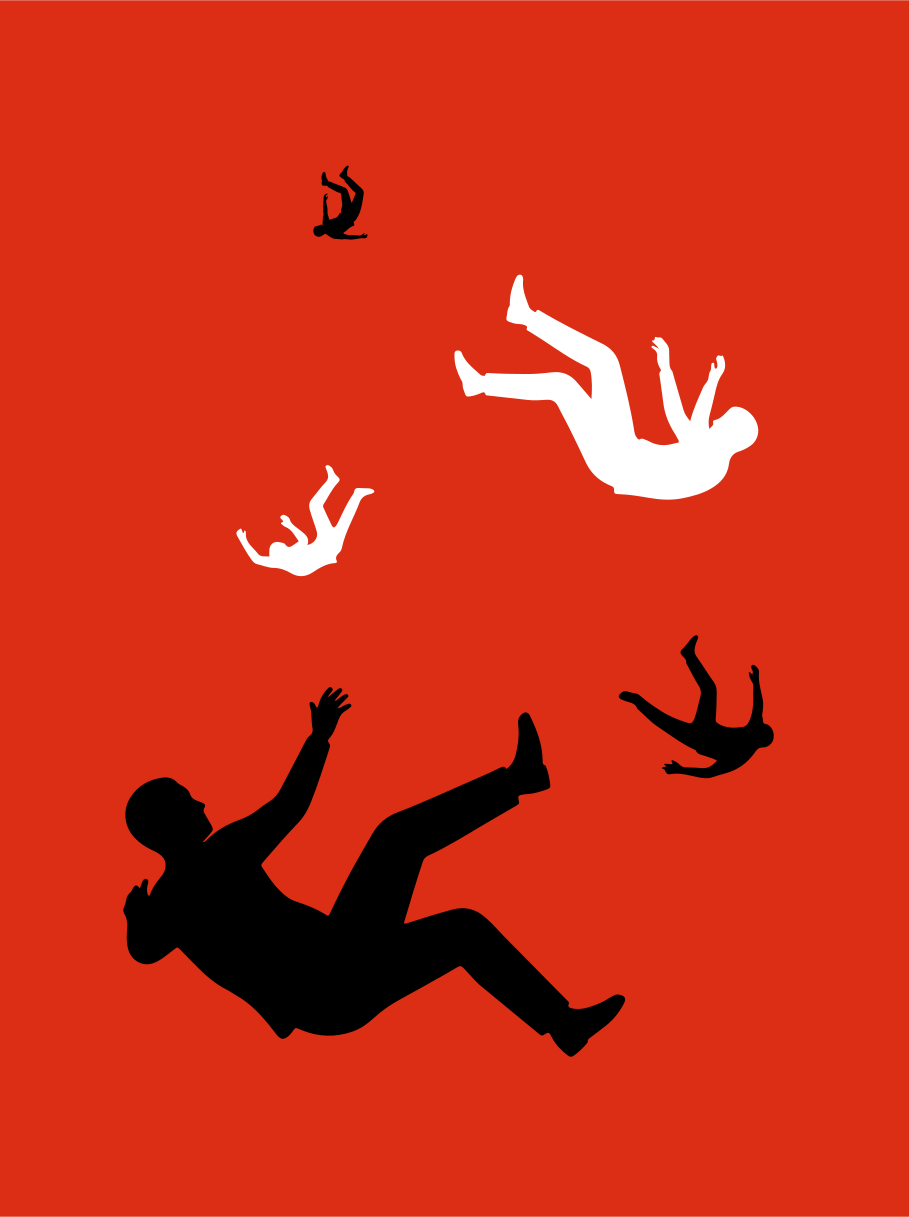 Des silhouettes de personnes tombant sur un fond rouge.