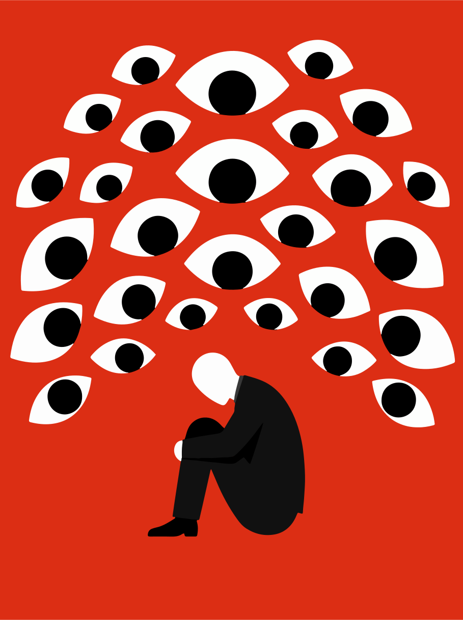 Un homme courbé sous une foule de regards attentifs.