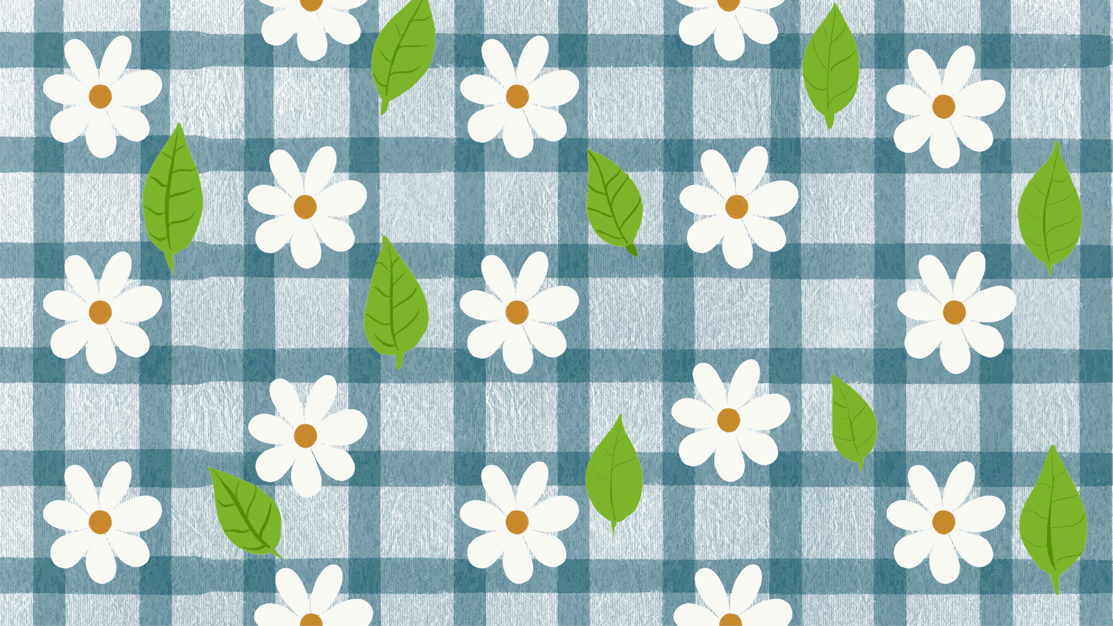 White daisies and green leaves on blue gingham background