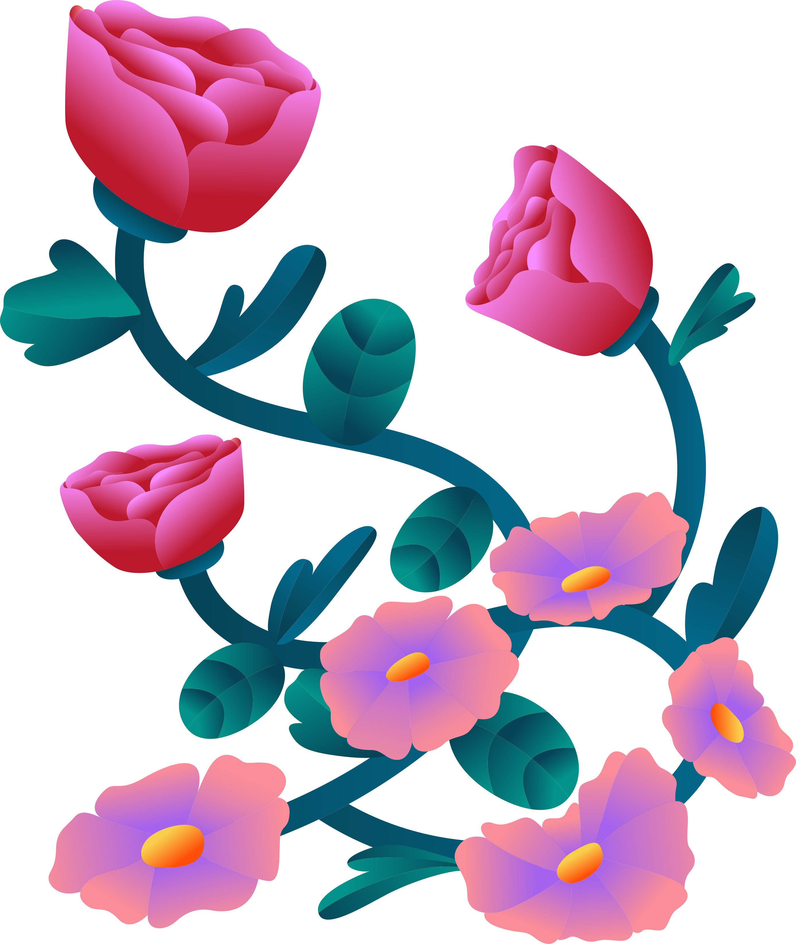 Fiori rosa e viola con foglie verdi sui steli