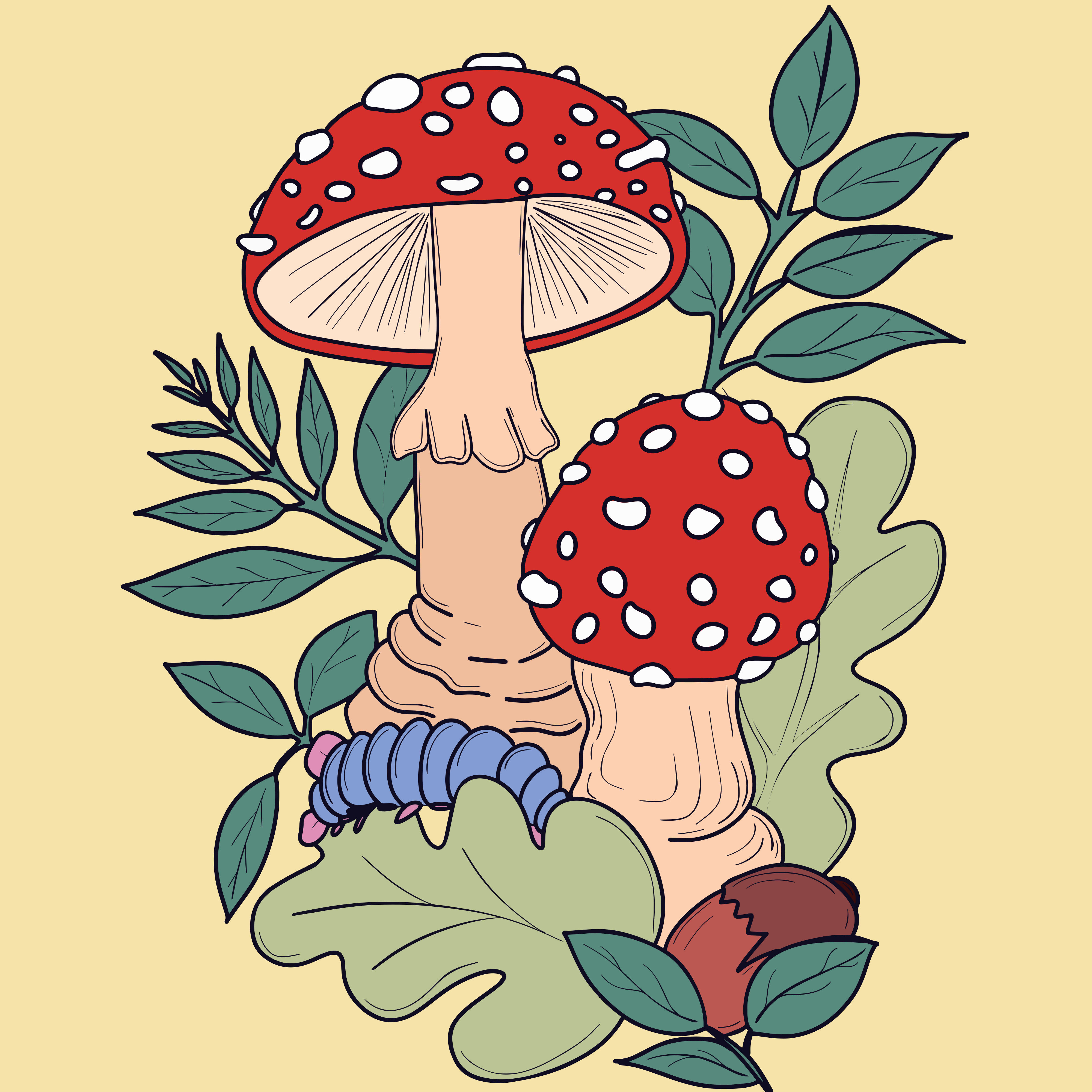 Two red mushrooms with white spots and leaves