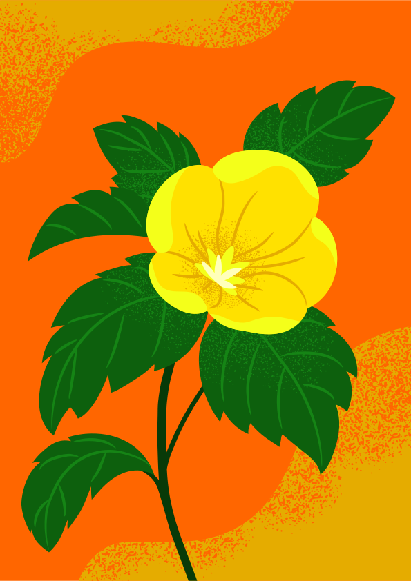 A yellow flower with green leaves on an orange background