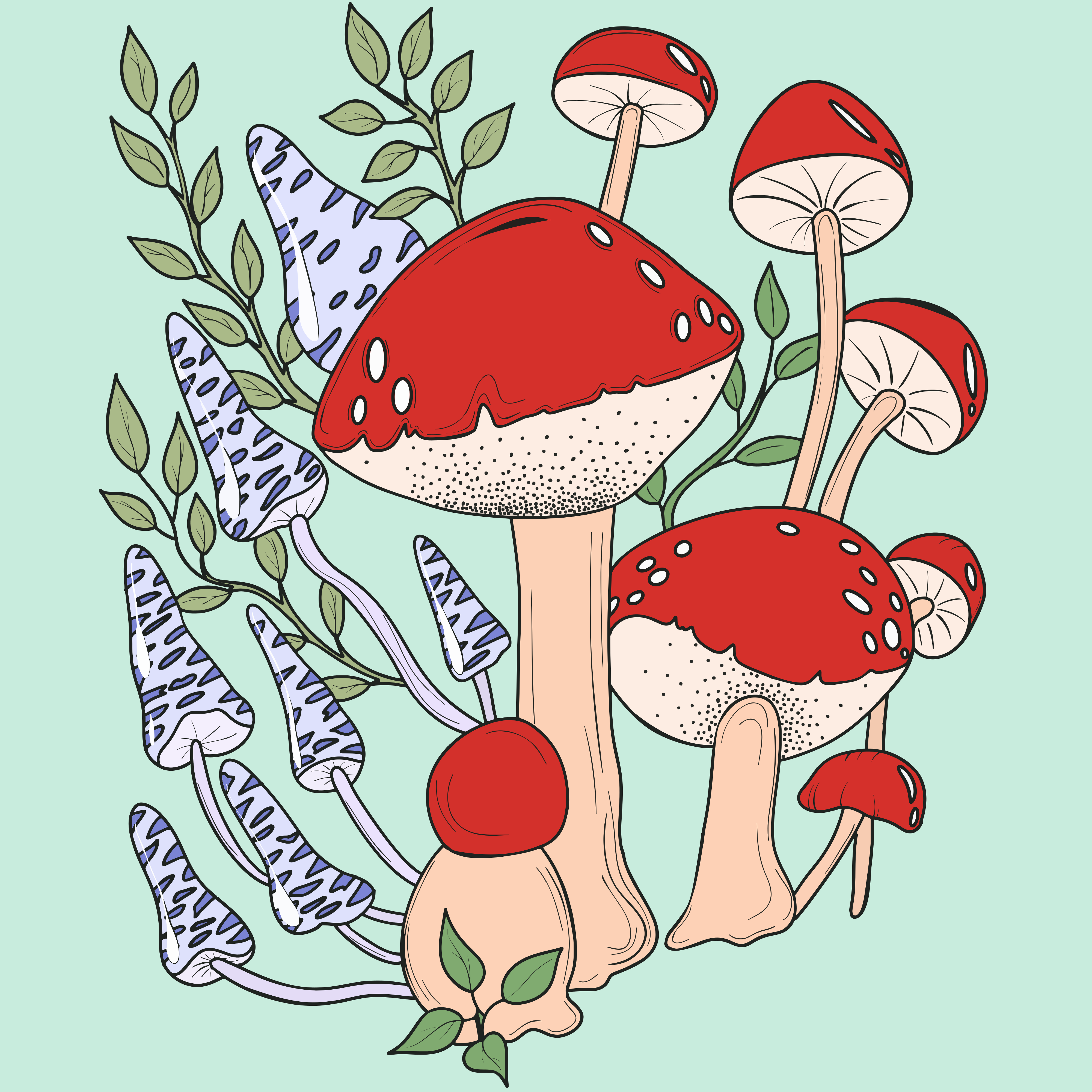 Red and blue mushrooms with green leaves