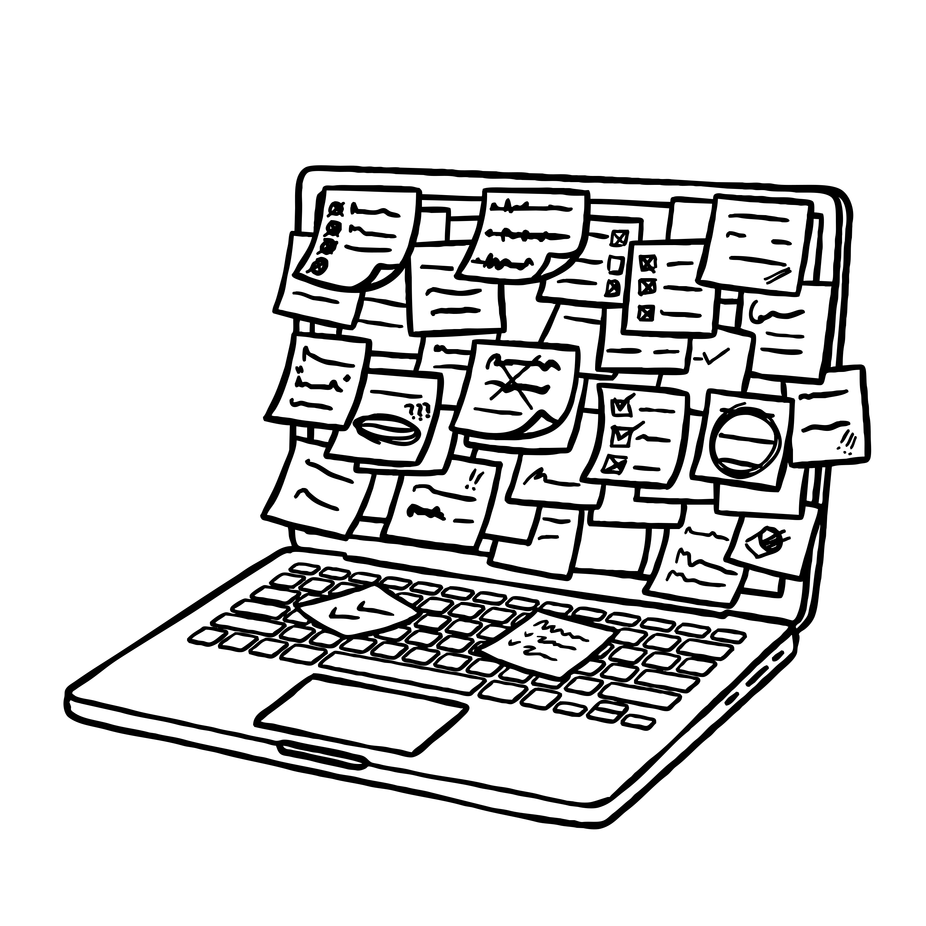 Laptop covered in sticky notes with tasks and reminders.