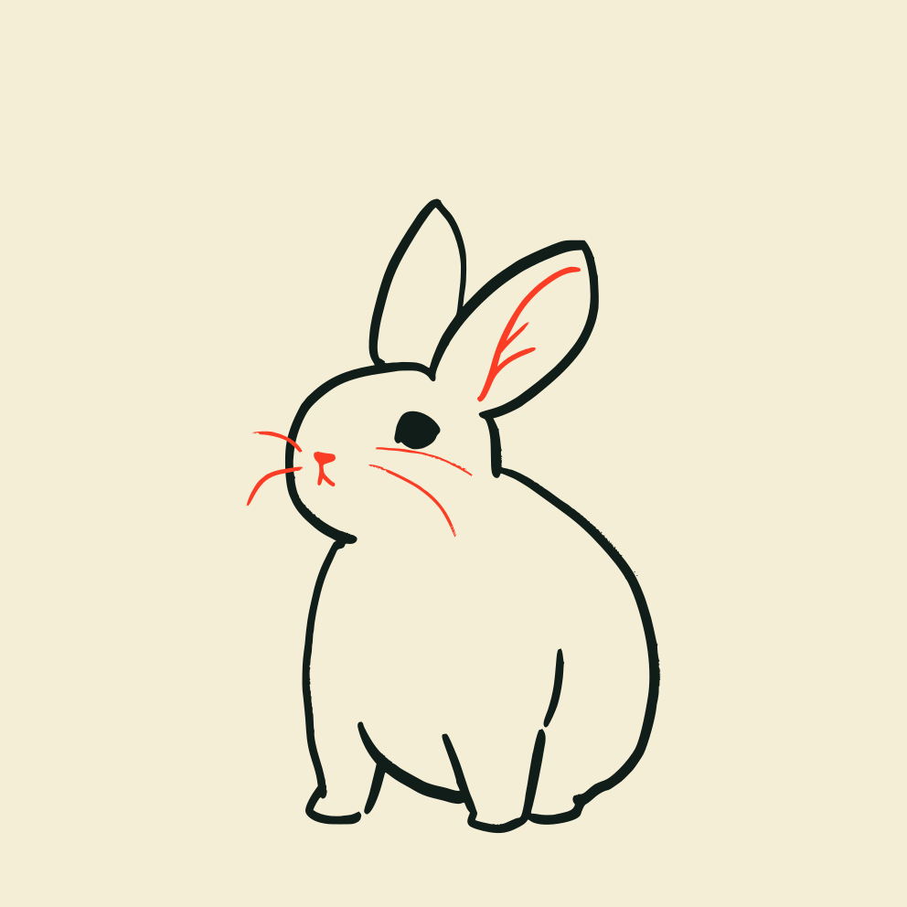 Um desenho simples de um coelho branco.