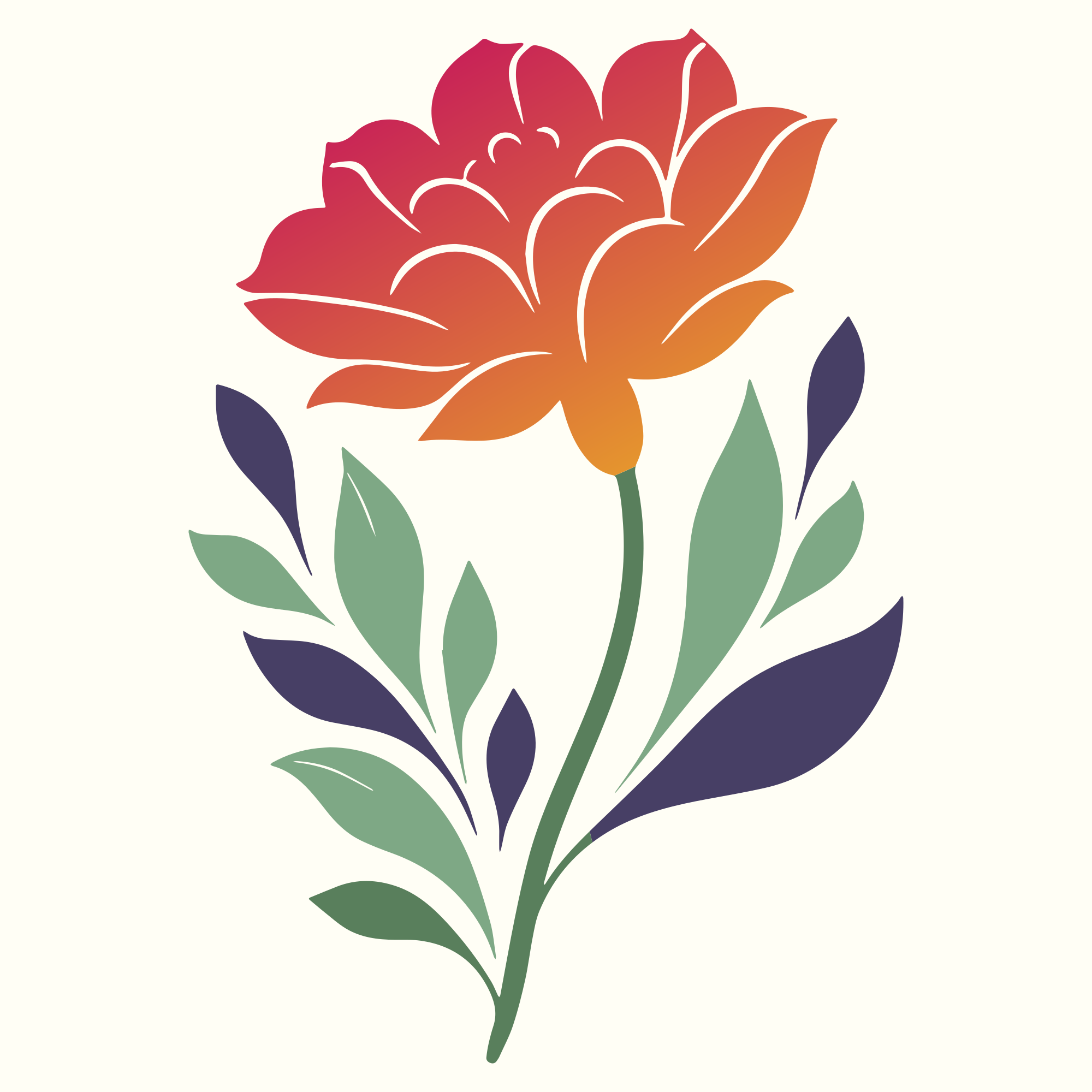 Stylized flower with colorful petals and green leaves