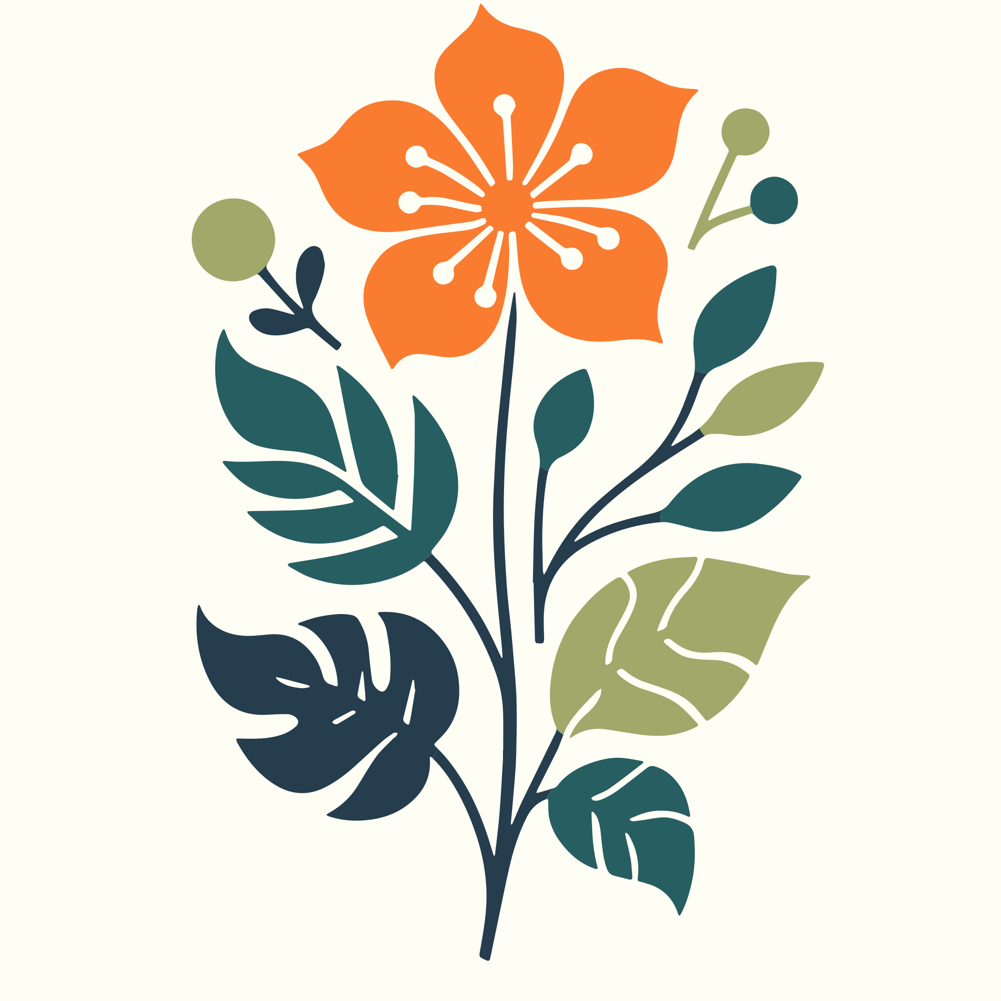 Stilisierte orangefarbene Blüte mit grünen und blauen Blättern