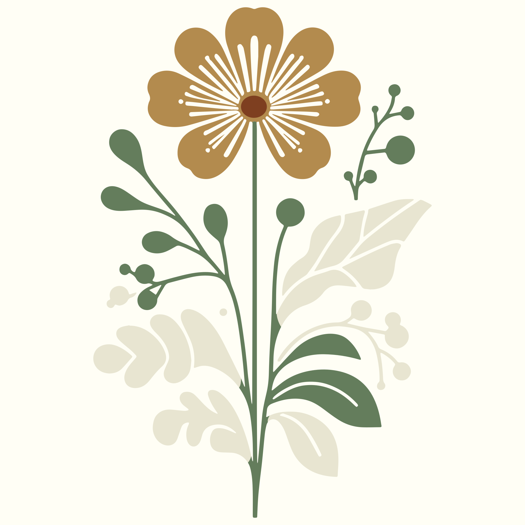 茶色と緑の要素を使った様式化された花のアレンジメント