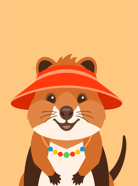 Un quokka sonriente con visera roja y colorido collar.