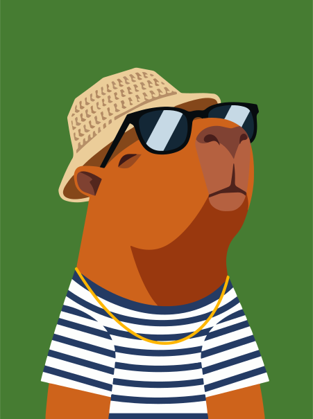 Un capivara con sombrero, gafas de sol y collar.