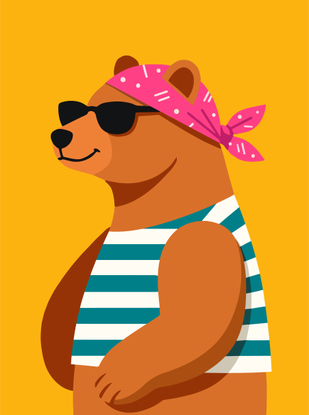 Un orso dei cartoni animati con occhiali da sole e una bandana
