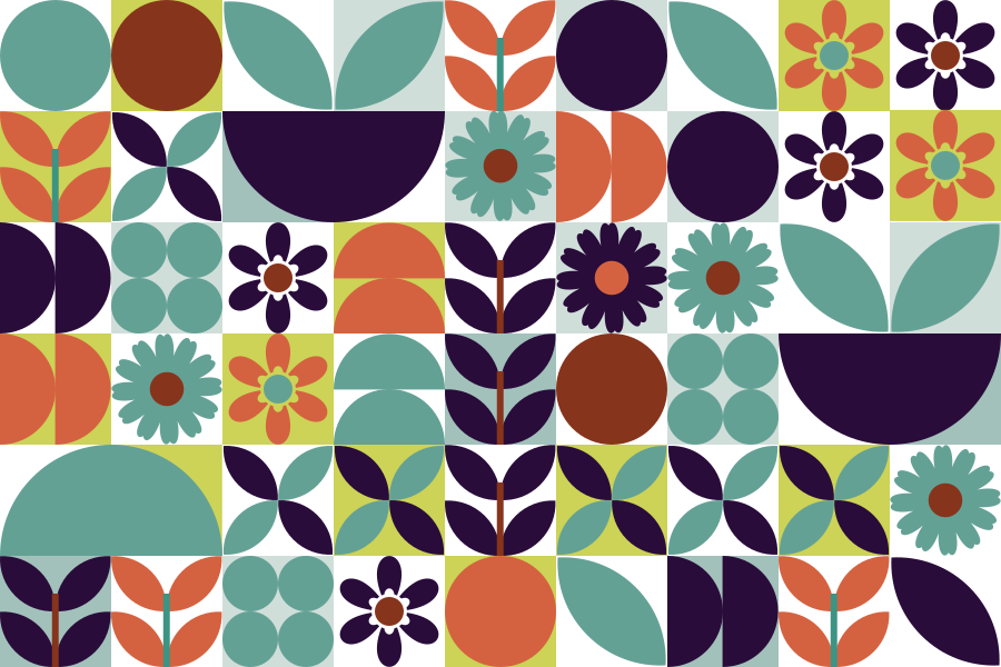 Geometric floral and leaf pattern in retro colors
