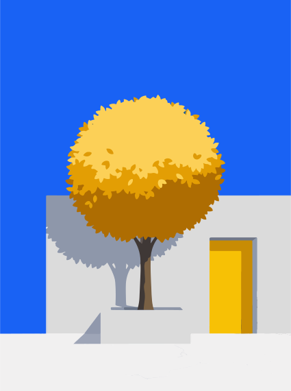 Ein einsamer Baum mit gelben Blättern vor blauem Himmel