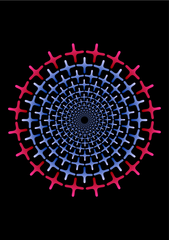 Motif circulaire concentrique de figures rouges et bleues