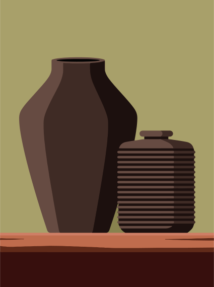 Two dark brown vases on a wooden shelf.