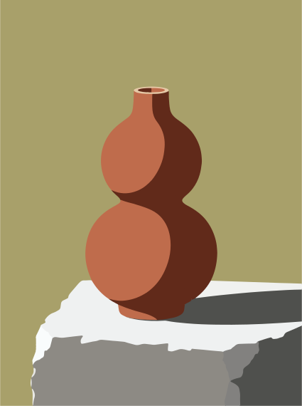 Un vase en gourde en terre cuite sur un piédestal en pierre.