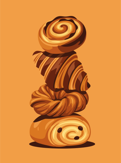 Stack of assorted pastries with chocolate swirls.