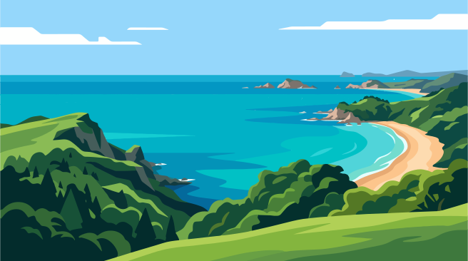 Lush green hills overlooking a tropical beach and ocean.