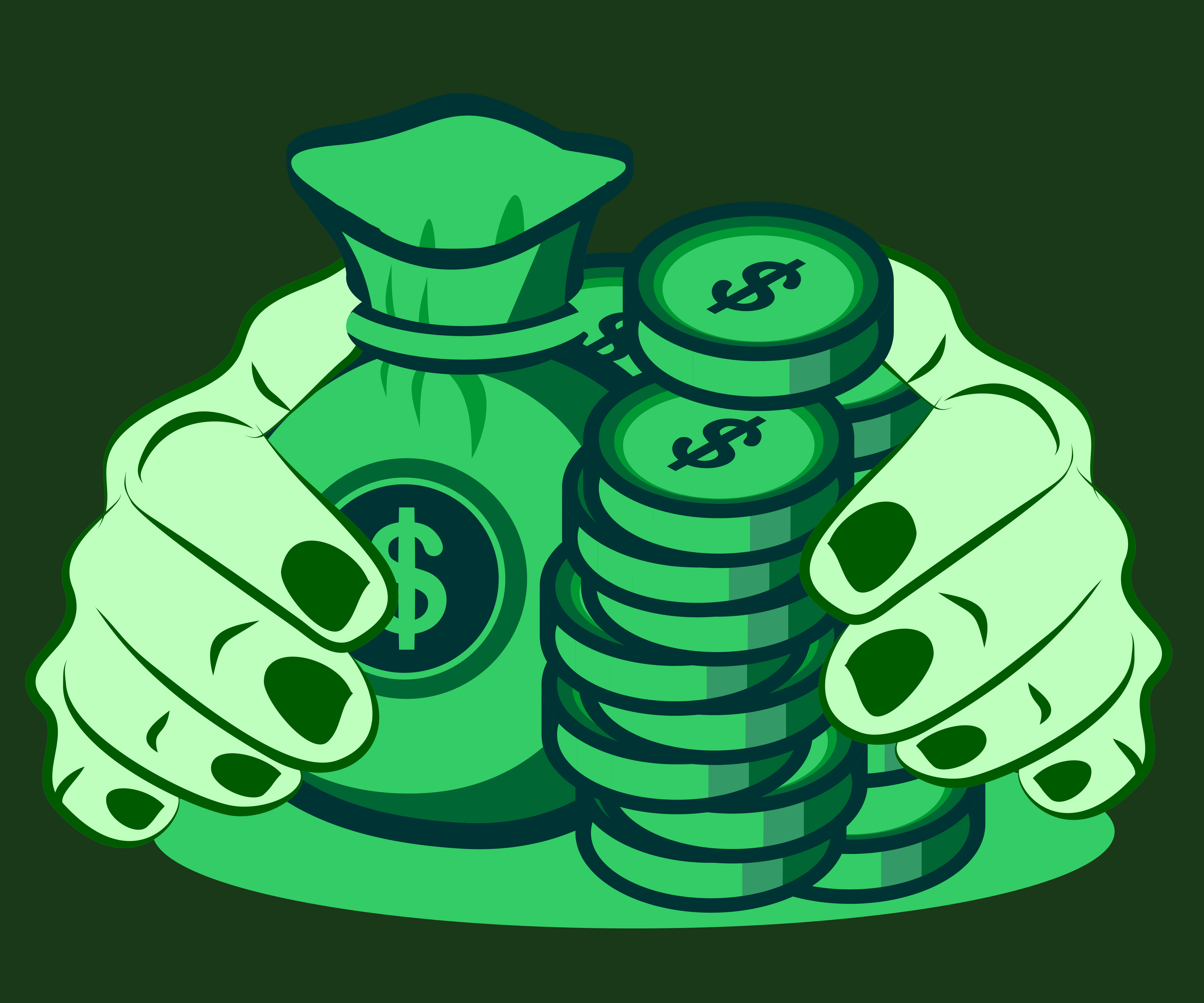 Hands holding a money bag and stacked coins