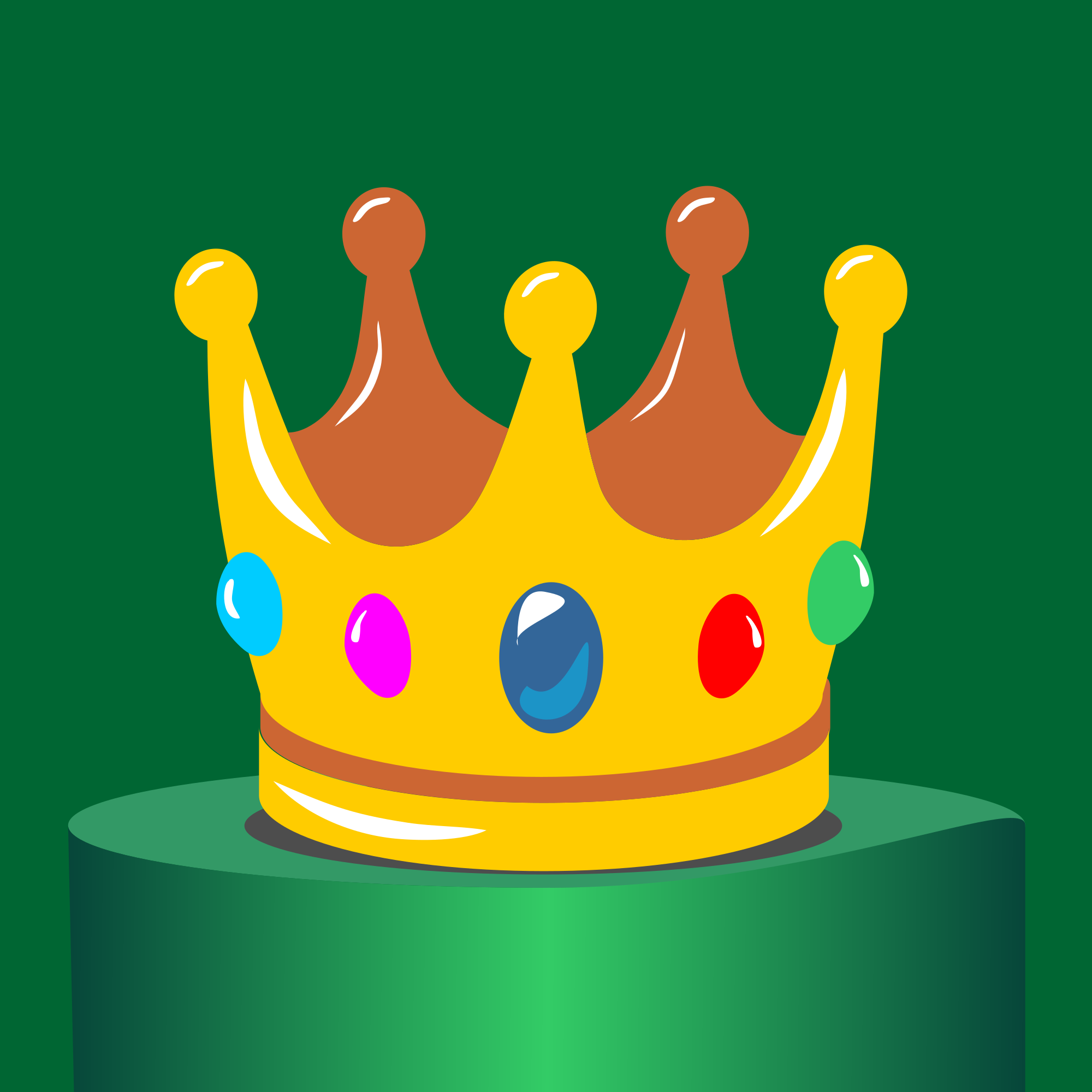 Une couronne dorée ornée de bijoux colorés sur un piédestal vert.