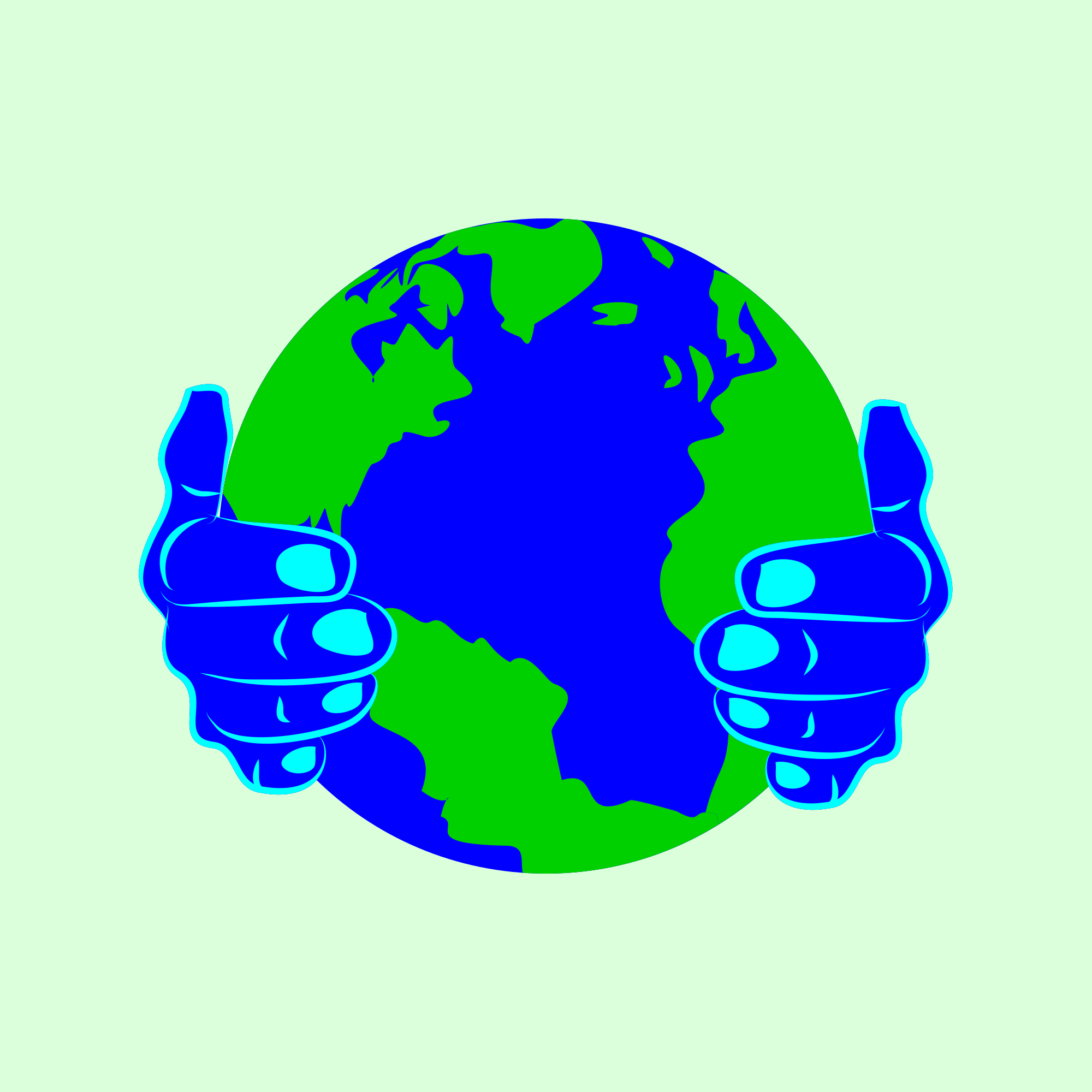 Two blue hands holding a green and blue globe