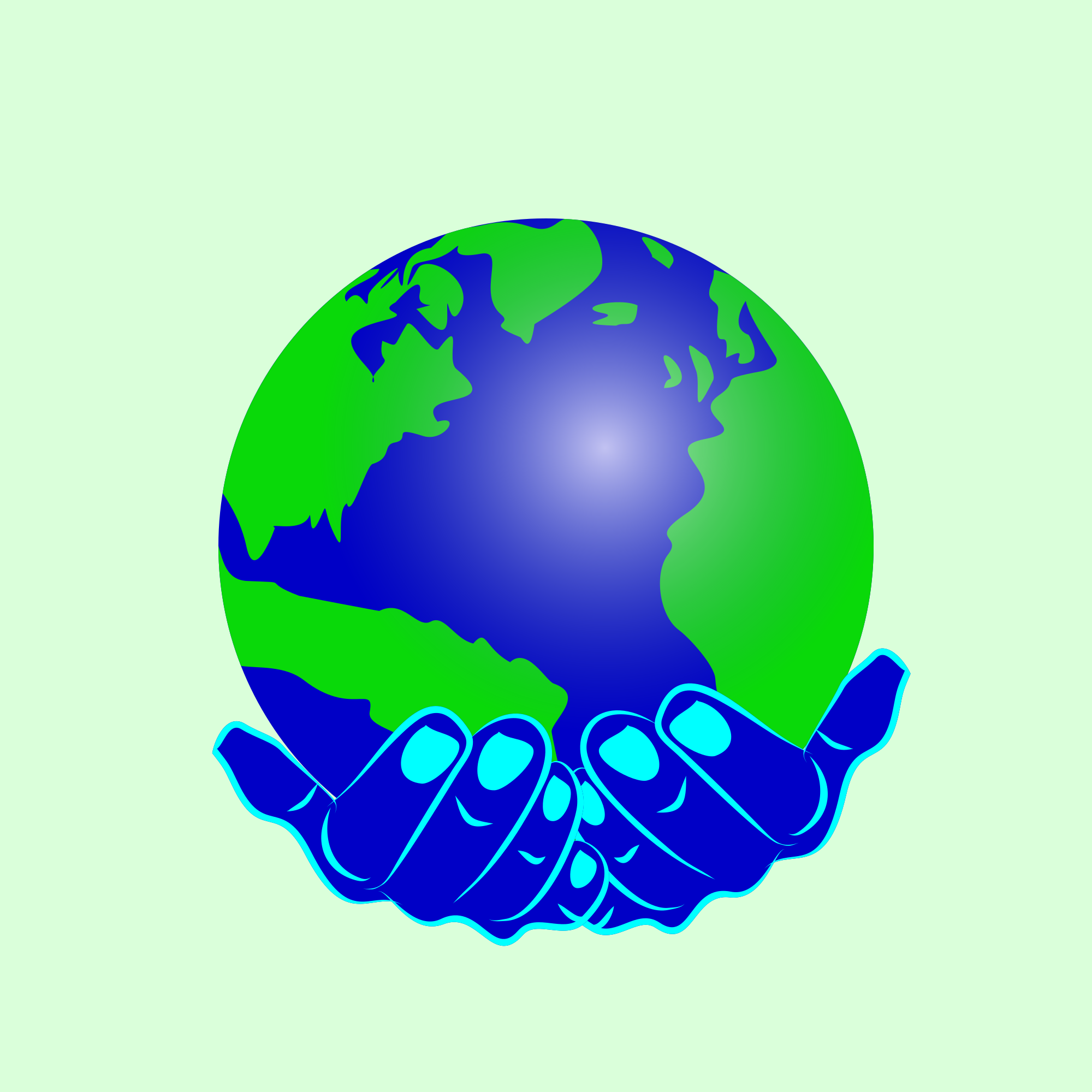 Two blue hands holding a green and blue globe.