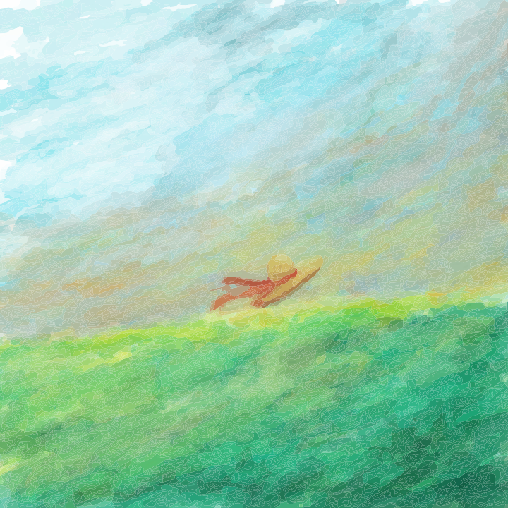 A person lying on green grass under cloudy sky